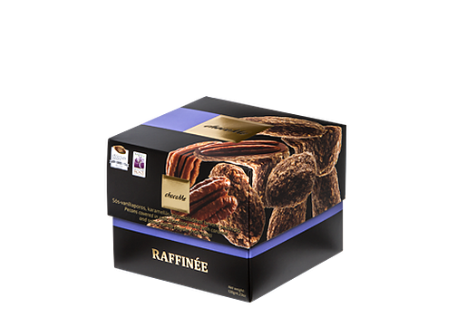 Dragee Raffinée -Pecannüsse mit gesalzener Tahiti Vanille gewürzte Karamell -Milchschokolade