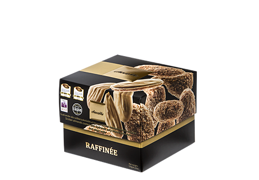 Dragee-Produkte Raffinée Mandeln mit gesalzener weißer Schokolade und Waffelbröseln